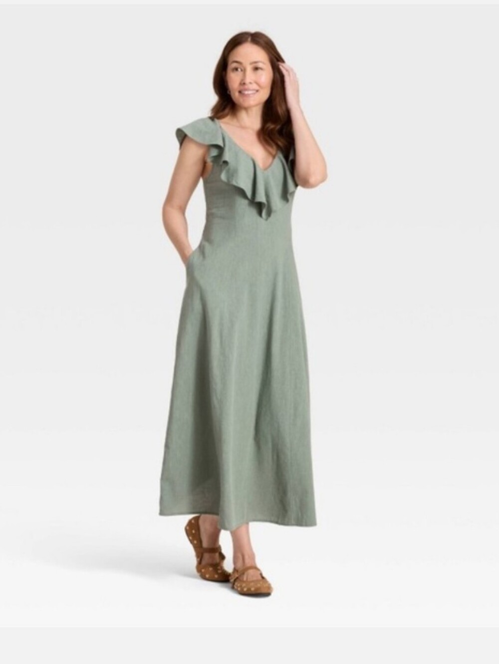 NWT Universal Thread Green Ruffle Midi Dress Large Cotton Blend - Picture 2 of 10